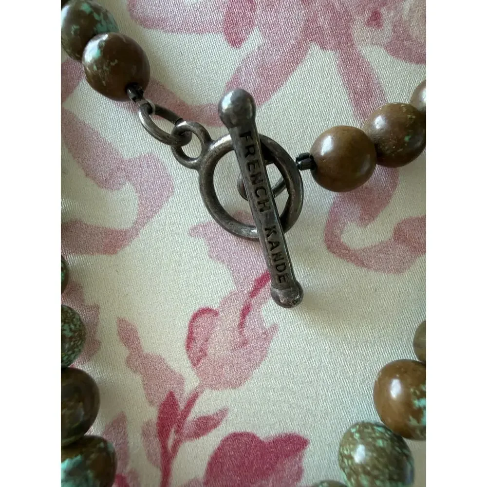 French Kande Long Stone Medallion Necklace with Opalite Style Stone Accents